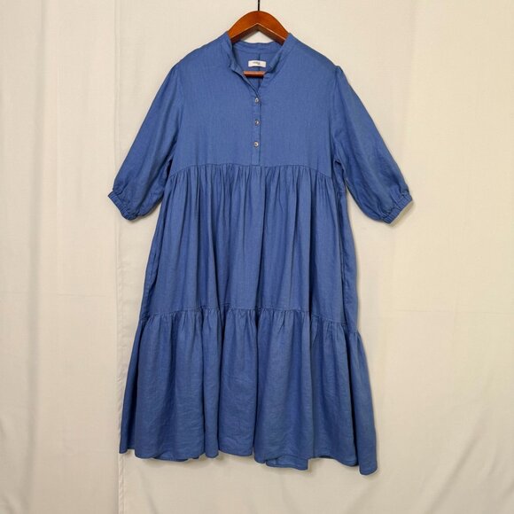Visible Art Blue 100% Linen Ballon 3/4 Sleeves Empire Waist Midi Dress Size XL - Picture 2 of 12